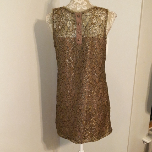 C. Luce Dress Womens M Bronze/Metallic Black Lace Sleeveless Sheer Lightweight - Picture 2 of 5